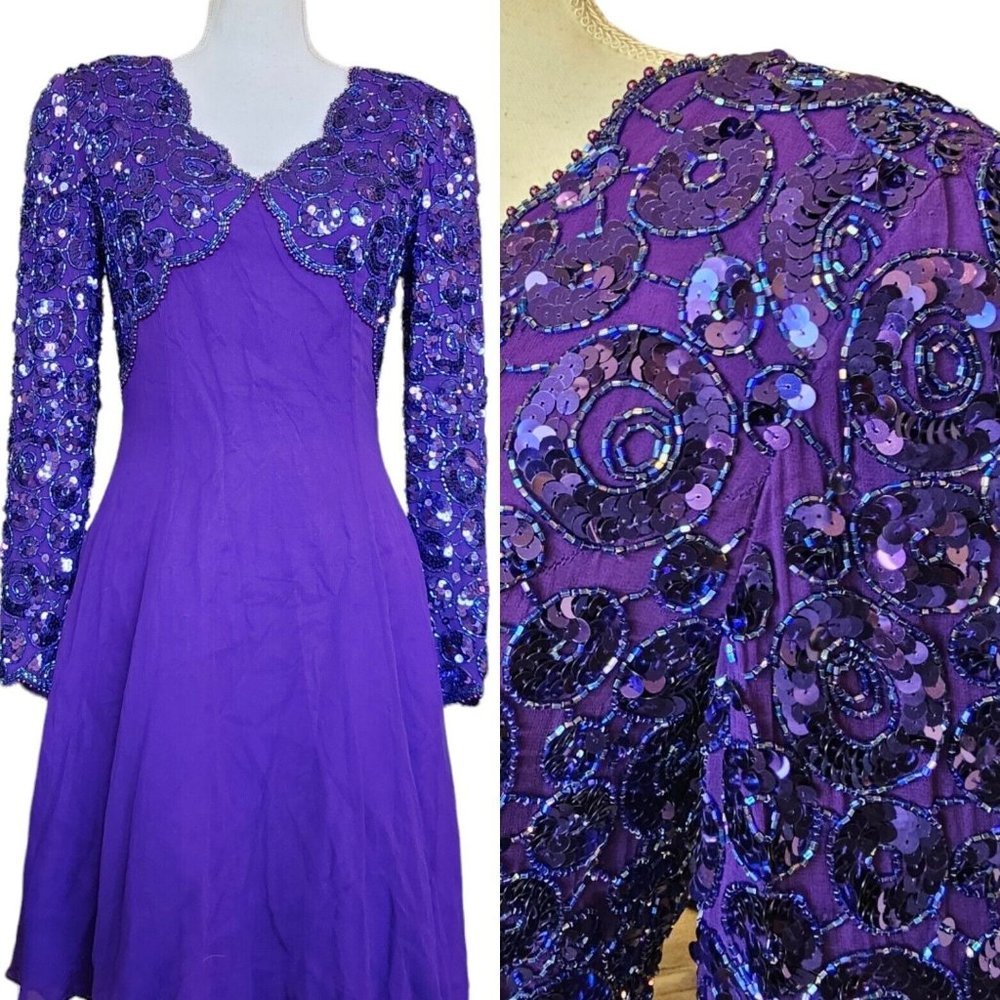 Vintage 80s Purple Silk Beaded Cocktail Dress Longsleeve‎